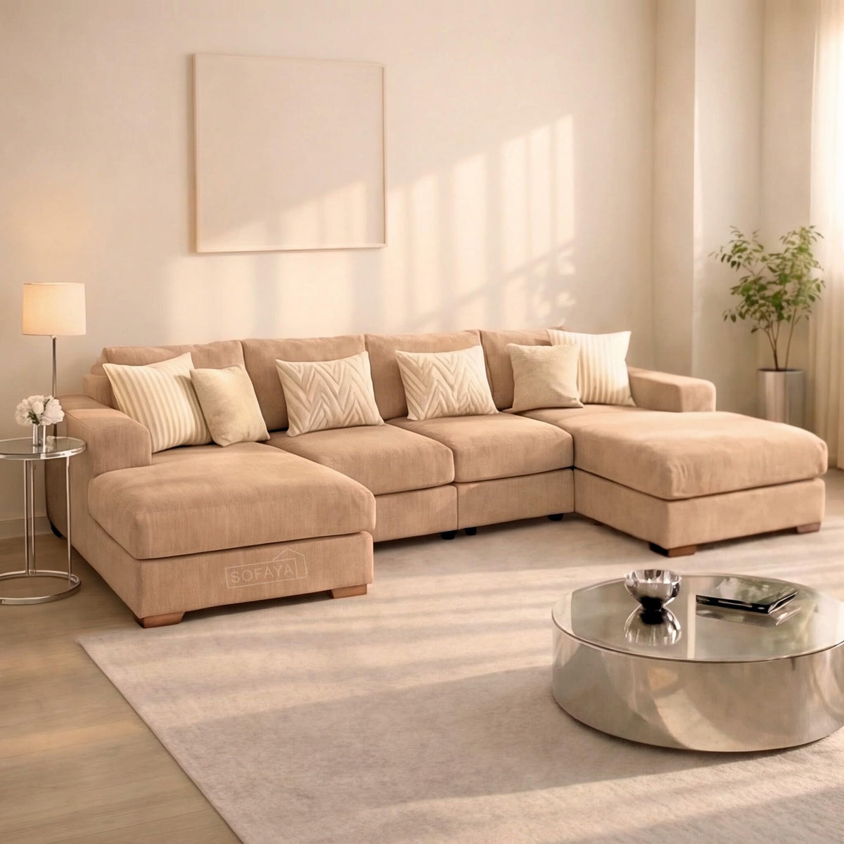 U-Shaped 4-5 Seater Sectional Sofa with Full Back Chaise and Tufted Arms in Beige Linen