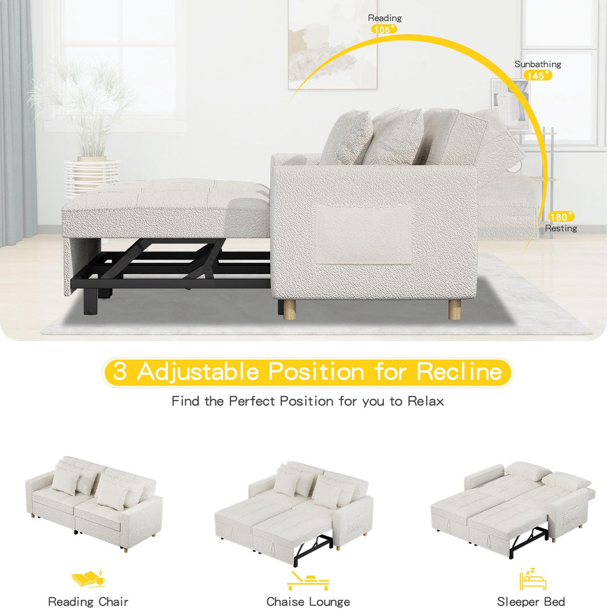 3-in-1 Convertible Sofa Bed with Dual Independent Adjustable Backrests and Castor Wheels, White Linen