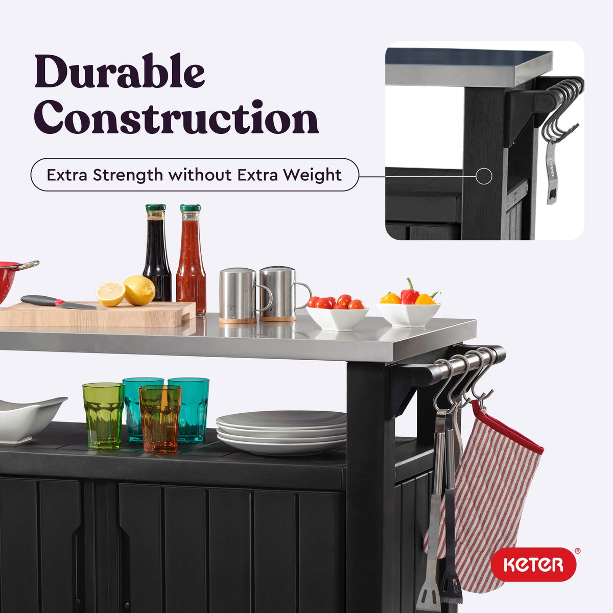 Keter Unity XL Portable Outdoor Table and Storage Cabinet with Hooks for Grill Accessories-Stainless Steel Top