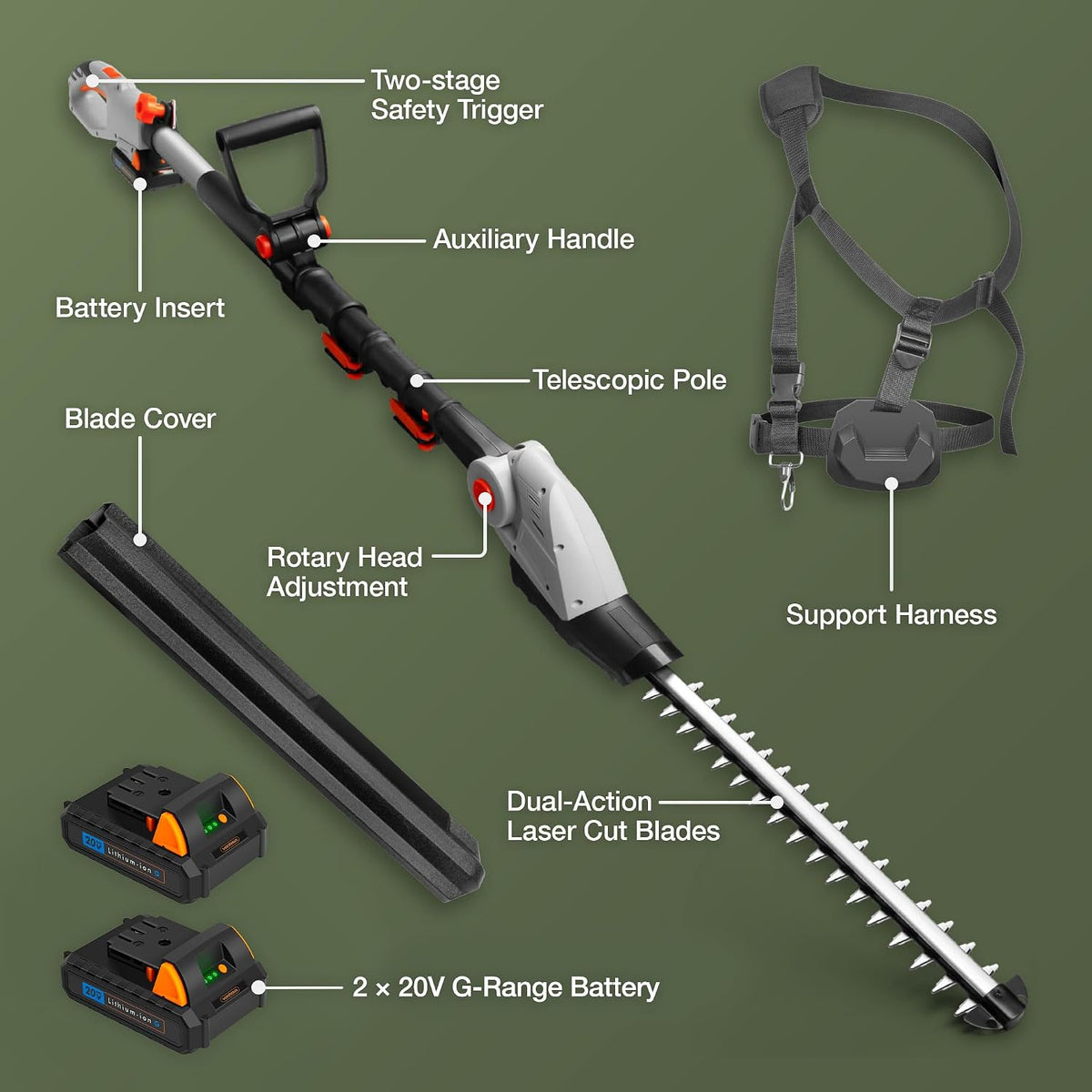 Cordless Pole Hedge Trimmer 193-244Cm 20V 2 Batteries Harness Grey