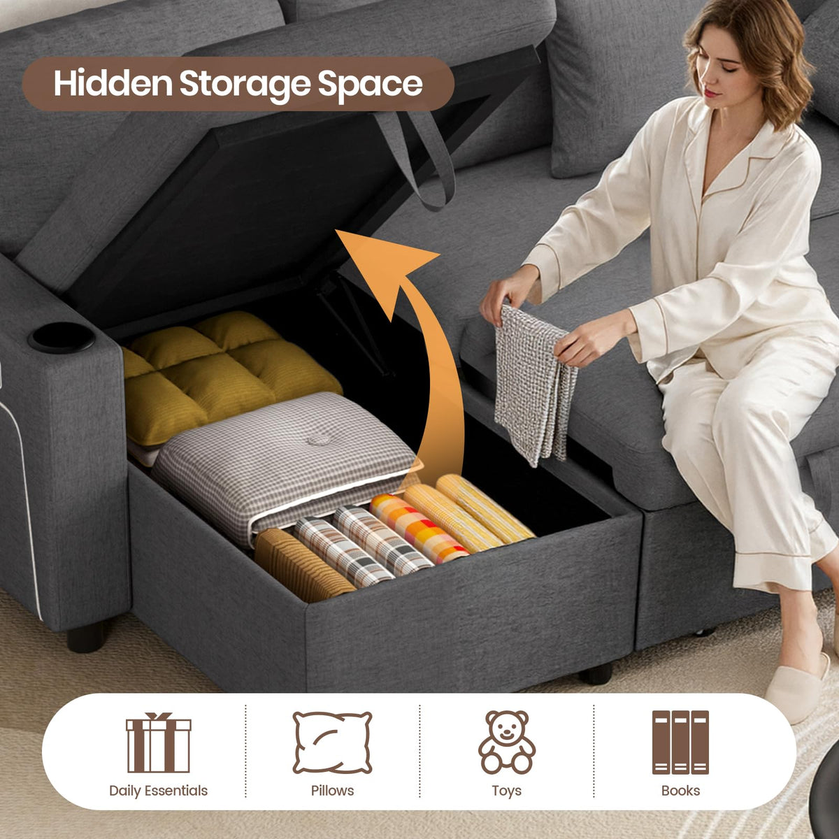 L-Shaped 3-Seater Corner Sofa Bed with LED Lights, USB Charging, Storage and Cup Holders, Grey Linen
