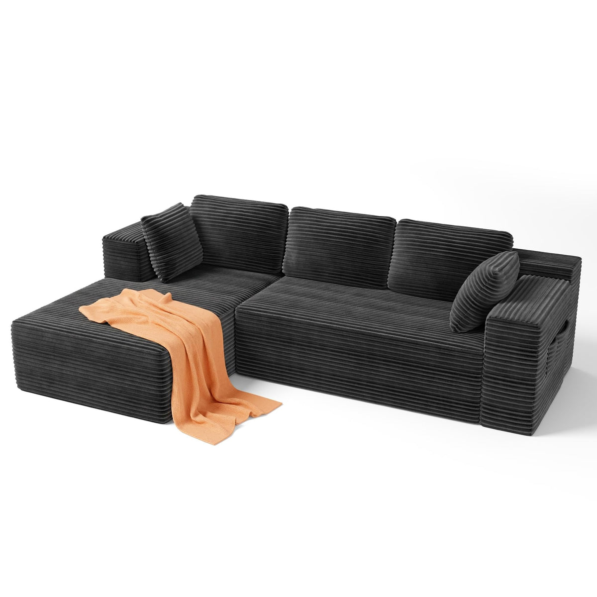 250cm Modular L-Shaped Corner Sofa in Dark Grey Corduroy with Built-In Storage and No Assembly Required