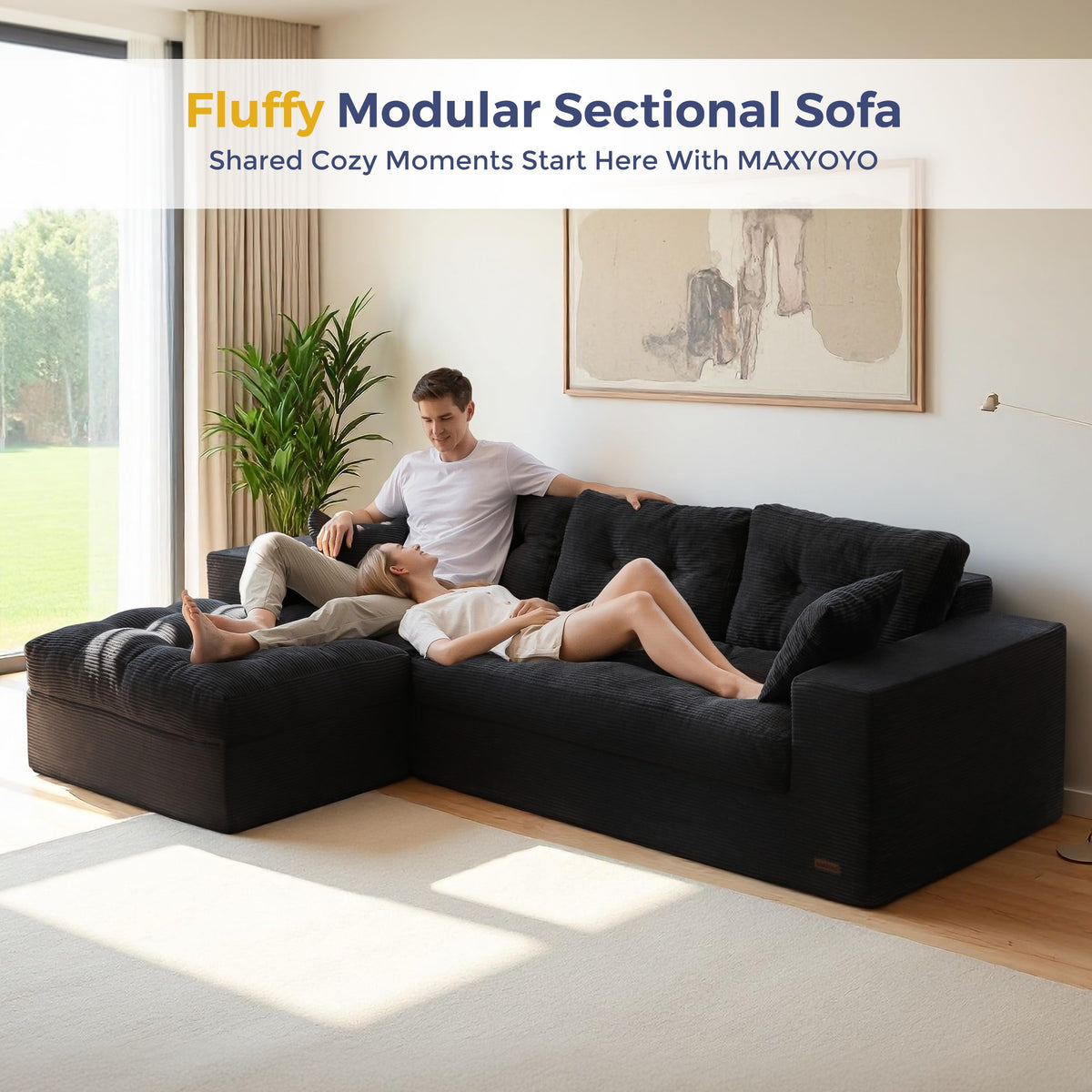 Modular 3-4 Seater L-Shaped Corner Sofa in Black Jumbo Corduroy with Removable Footstool, No Assembly