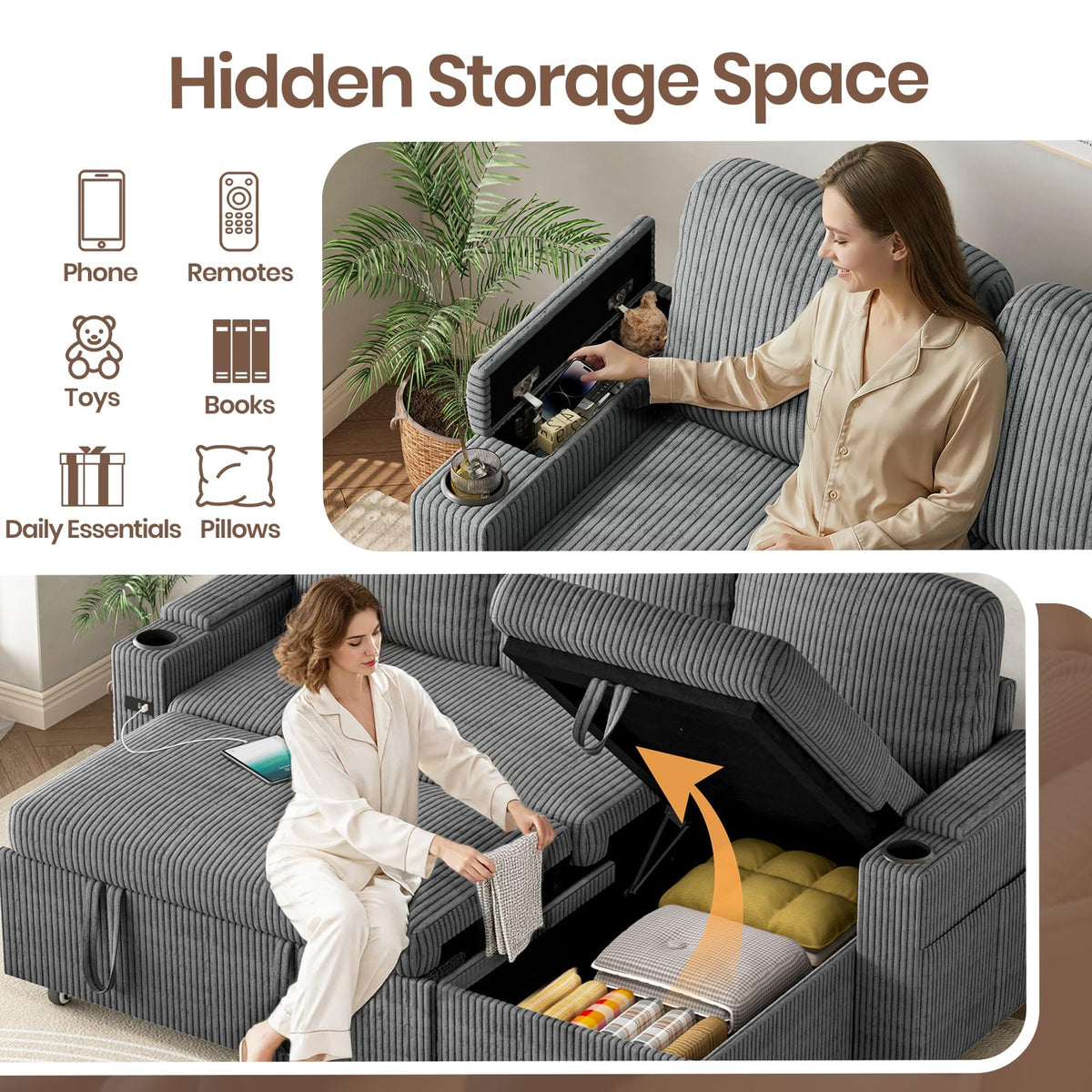 L-Shaped 3-in-1 Velvet Sofa Bed with 6-Position Adjustable Backrest, USB Charging and Storage, Grey