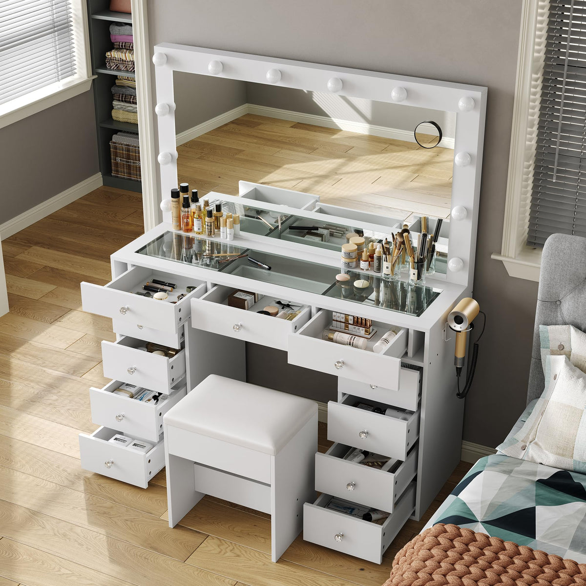 Makeup Vanity Desk with 12-Bulb LED Mirror, 11 Drawers, Built-In Power Outlet and Chair, White Glass Top