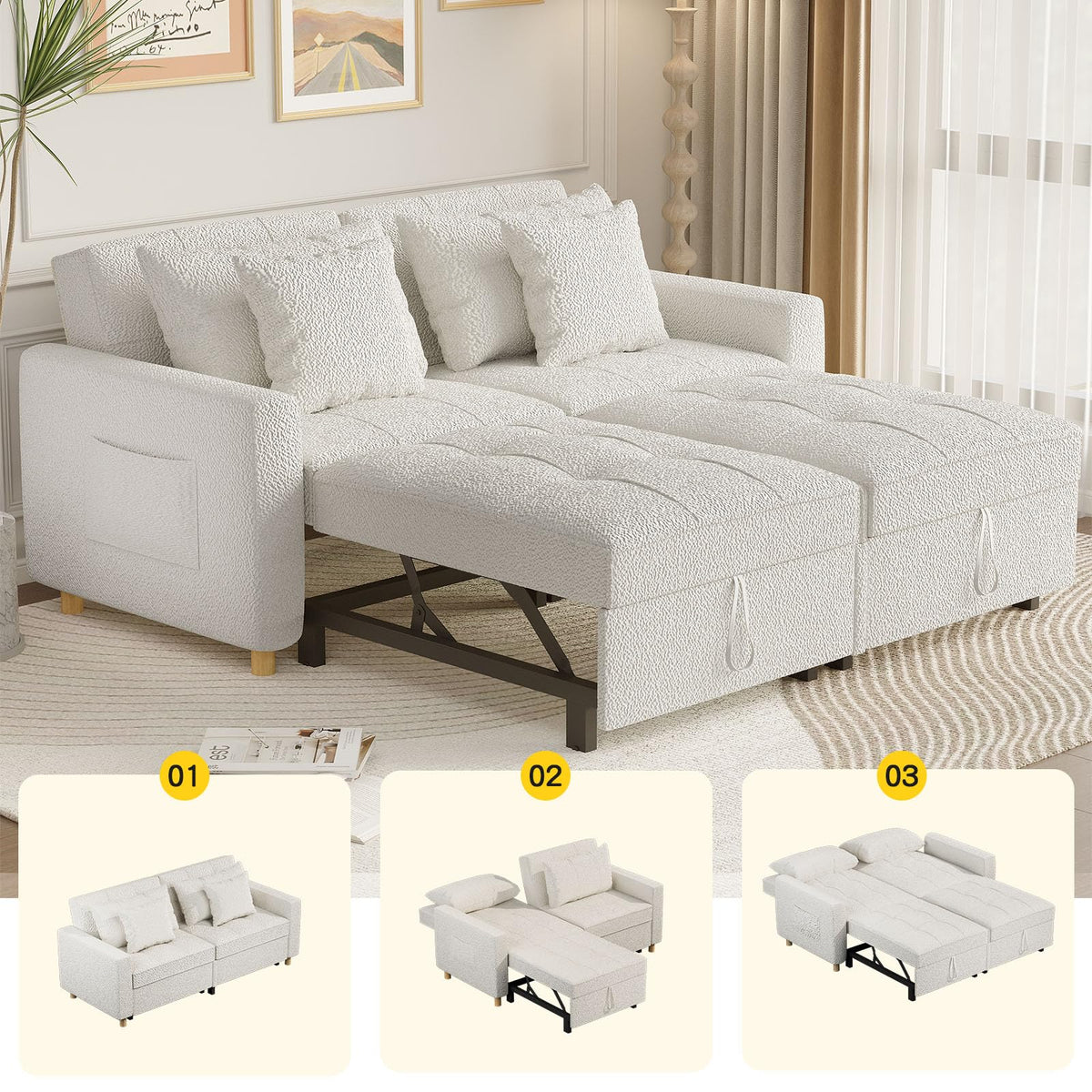 3-in-1 Convertible Sofa Bed with Dual Independent Adjustable Backrests and Castor Wheels, White Linen