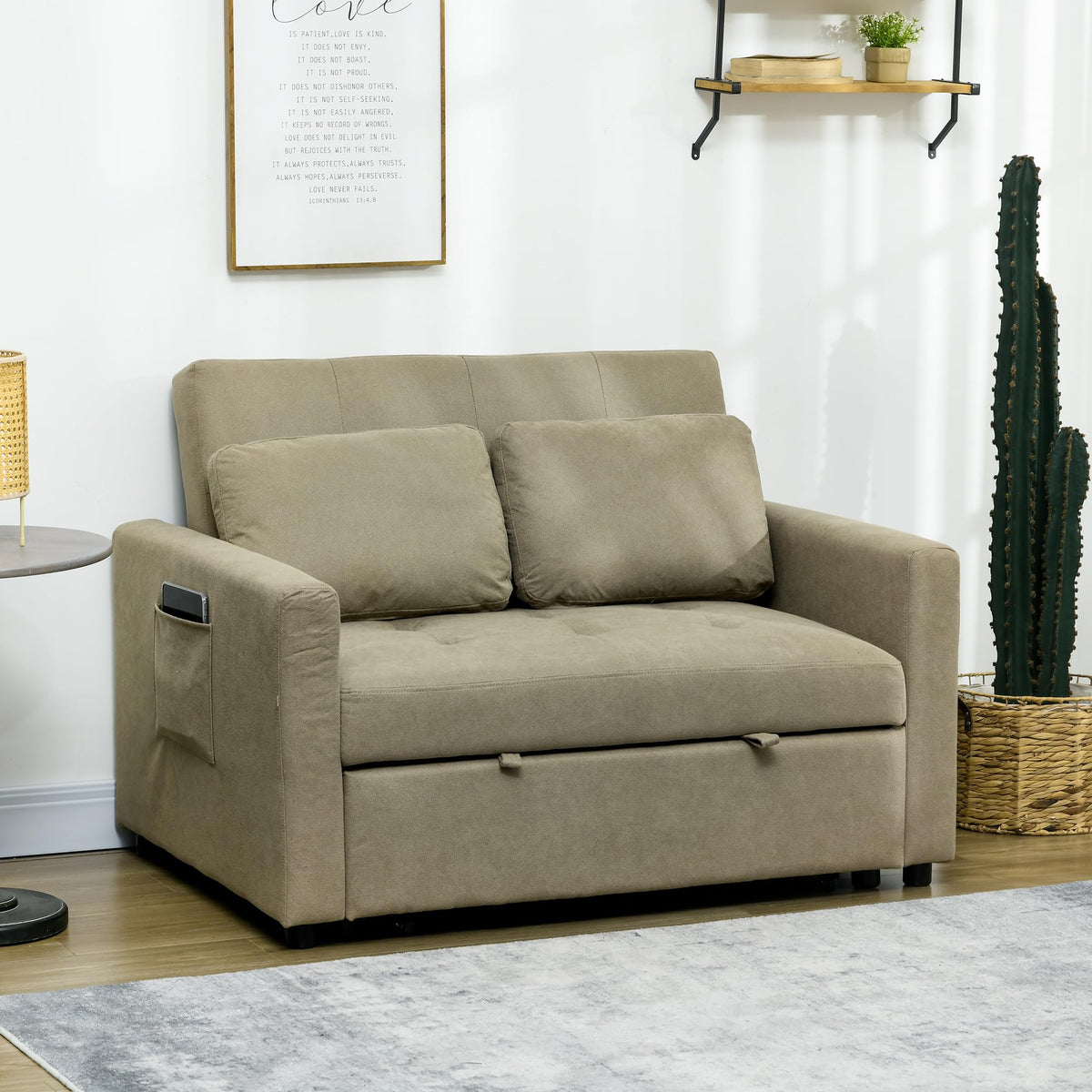 2-Seater Sofa Bed Settee in Snow Flannel with 3-Position Recline and Pull-Out Bed, 120cm, Light Brown
