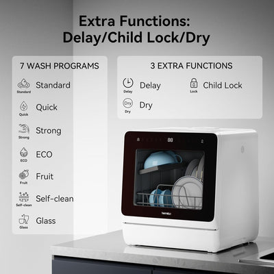 Table Top Dishwasher 7+3 Programmes, Mini Countertop Dishwasher with 5 Place Settings, Delayed Star Function & Child Lock