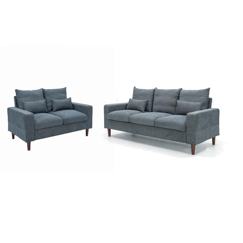 Grey Linen 3-Seater and 2-Seater Fabric Sofa Set with Pocket Spring Cushions and Solid Wood Legs