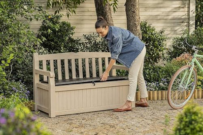 Keter Eden Bench 265L Outdoor 60% recycled Garden Furniture Storage Box Beige & Brown Wood Panel Effect
