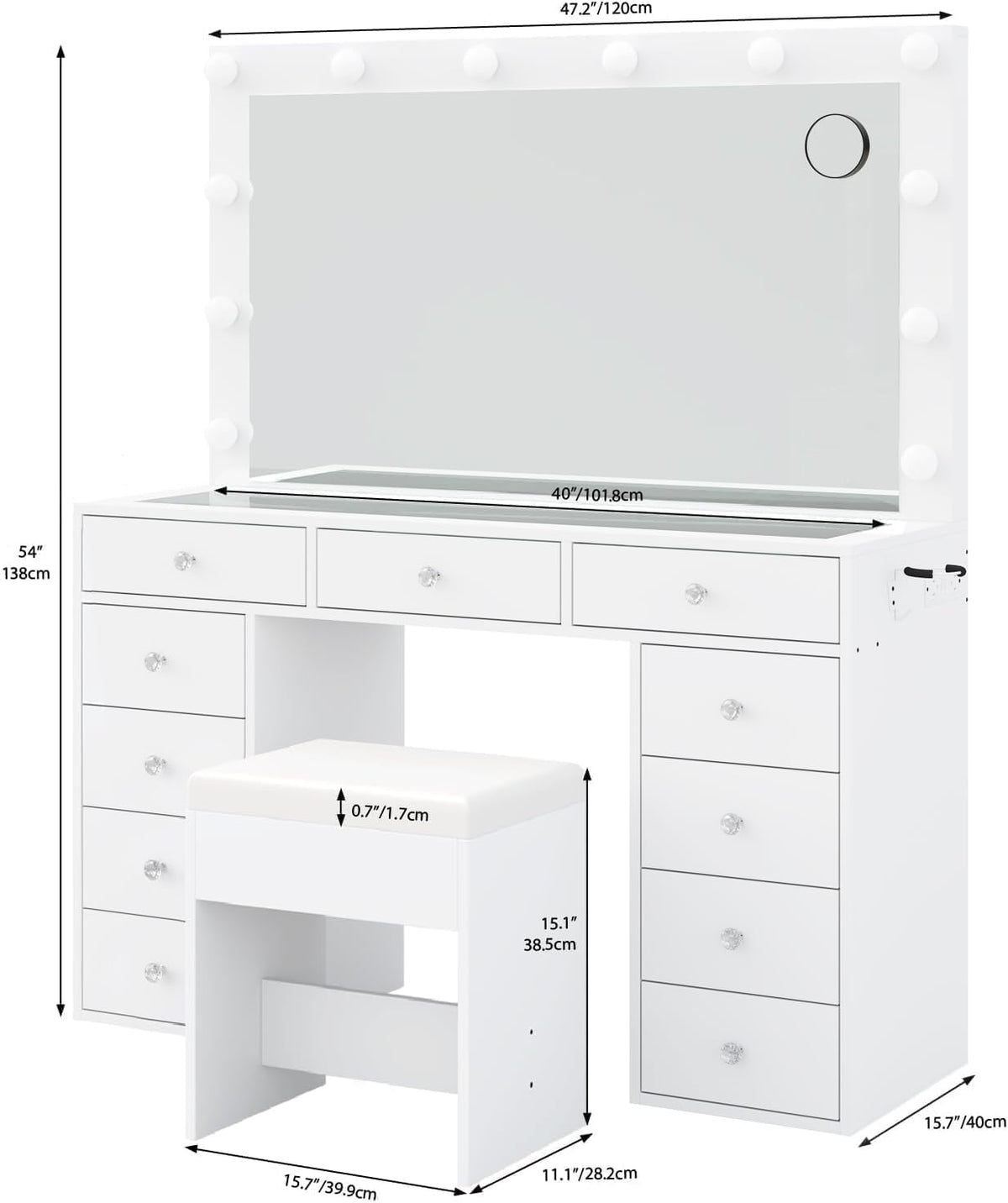 Makeup Vanity Desk with 12-Bulb LED Mirror, 11 Drawers, Built-In Power Outlet and Chair, White Glass Top