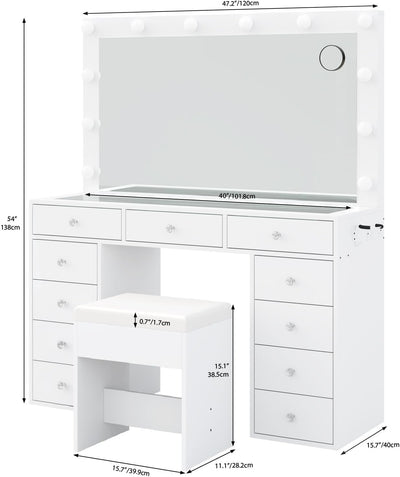 Makeup Vanity Desk with 12-Bulb LED Mirror, 11 Drawers, Built-In Power Outlet and Chair, White Glass Top