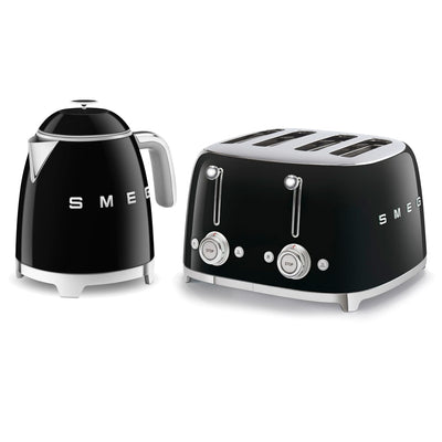 50'S Style Retro Range Breakfast Set 0.8L 1400W Mini Kettle And 4-Slice 2000W Toaster Black