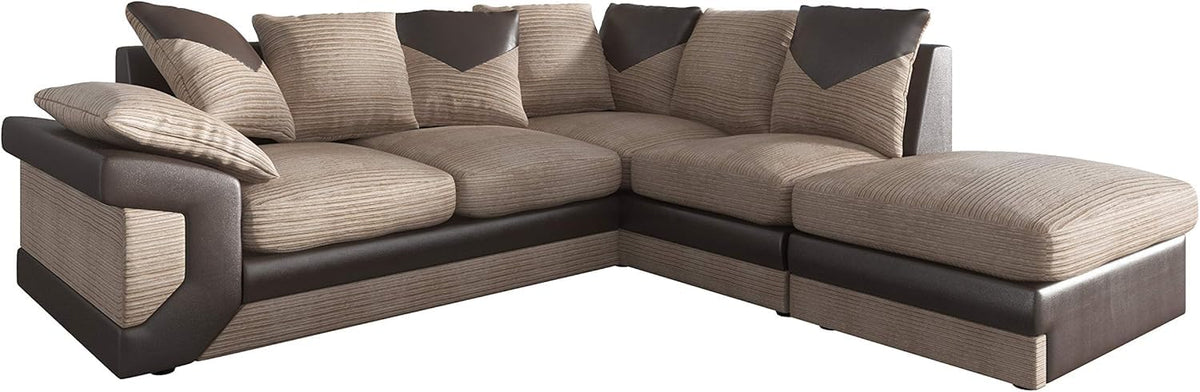 Large L-Shaped Corner Sofa in Jumbo Cord Fabric with Foam-Filled Seats Beige Brown Right Hand