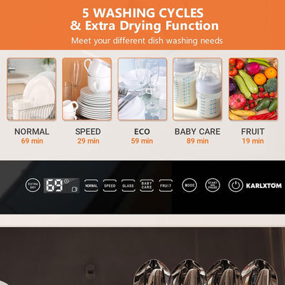 Table Top Dishwasher 6 Programs Touch Control Auto-Drying Baby Care Fruit Wash White