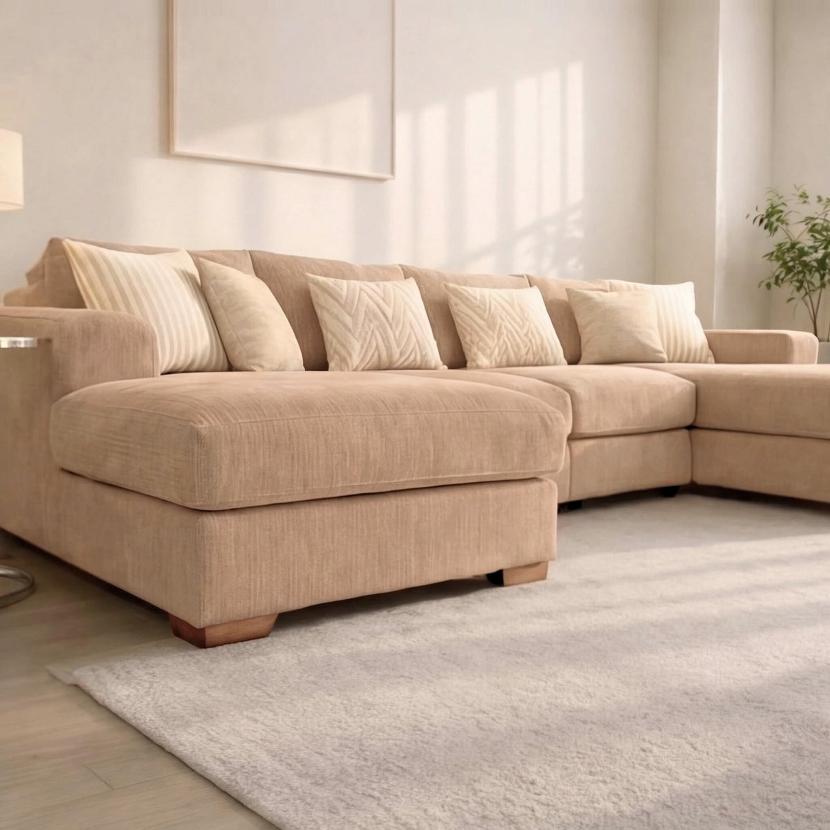 U-Shaped 4-5 Seater Sectional Sofa with Full Back Chaise and Tufted Arms in Beige Linen