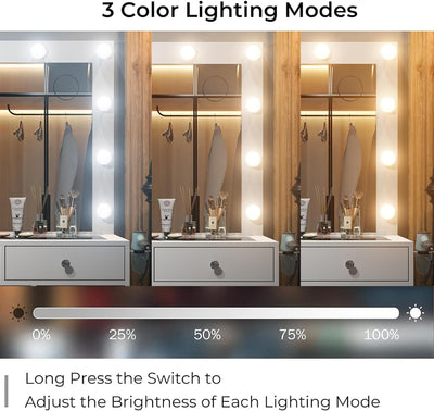 Makeup Vanity Desk with 12-Bulb LED Mirror, 11 Drawers, Built-In Power Outlet and Chair, White Glass Top
