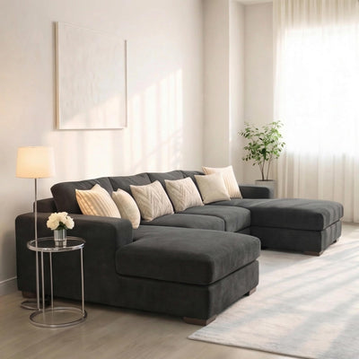 U-Shaped 4-5 Seater Sectional Sofa with Full Back Chaise and Tufted Arms in Black Linen