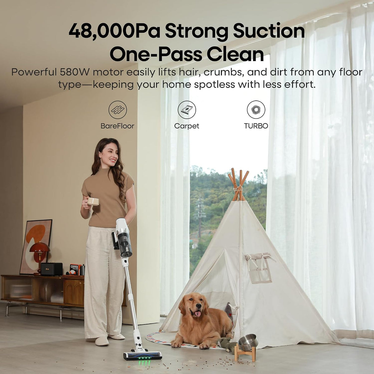 Cordless Stick Vacuum Cleaner 580W 48KPa Suction 65 Min White
