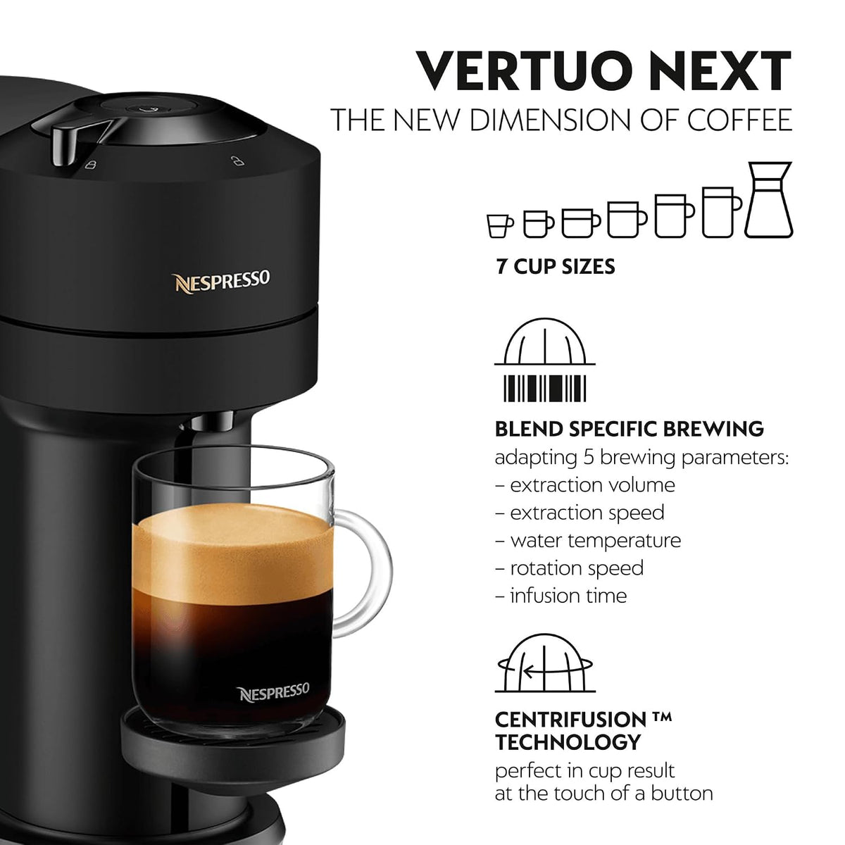 Capsule Coffee Machine 5 Cup Sizes Centrifusion Technology Matte Black