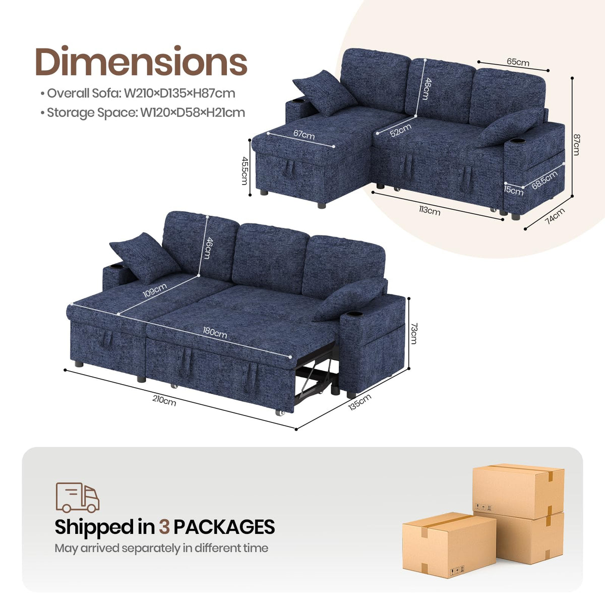 L-Shaped 3-Seater Corner Sofa Bed in Blue Chenille with USB Charging, Storage, Cup Holders and Cushions
