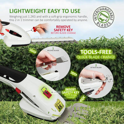 2-in-1 Cordless Hedge Trimmer & Grass Shear 7.2V 1500mAh 17cm Blade Black White