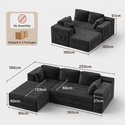 250cm Modular L-Shaped Corner Sofa in Dark Grey Corduroy with Built-In Storage and No Assembly Required