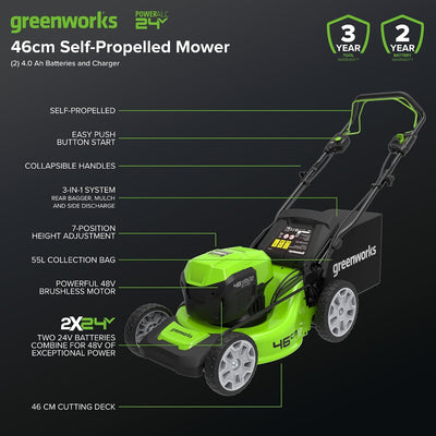 Cordless Lawn Mower 46cm 48V Self-Propelled 55L Bag 2x4Ah Batteries