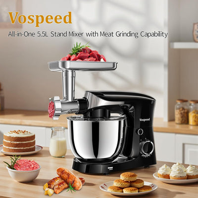 Stand Mixer 1500W 5.5L Tilt-Head 10 Speeds Stainless Steel Bowl Black