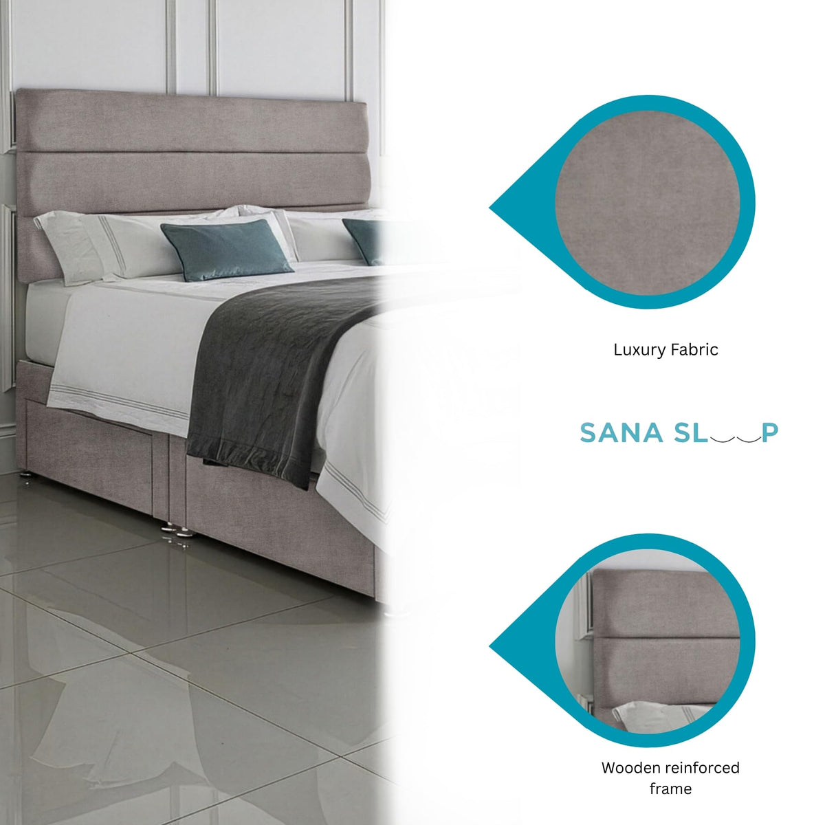 5ft King Size Divan Bed Set with Orthopaedic Mattress, 2 Storage Drawers and 26-Inch Headboard, Silver