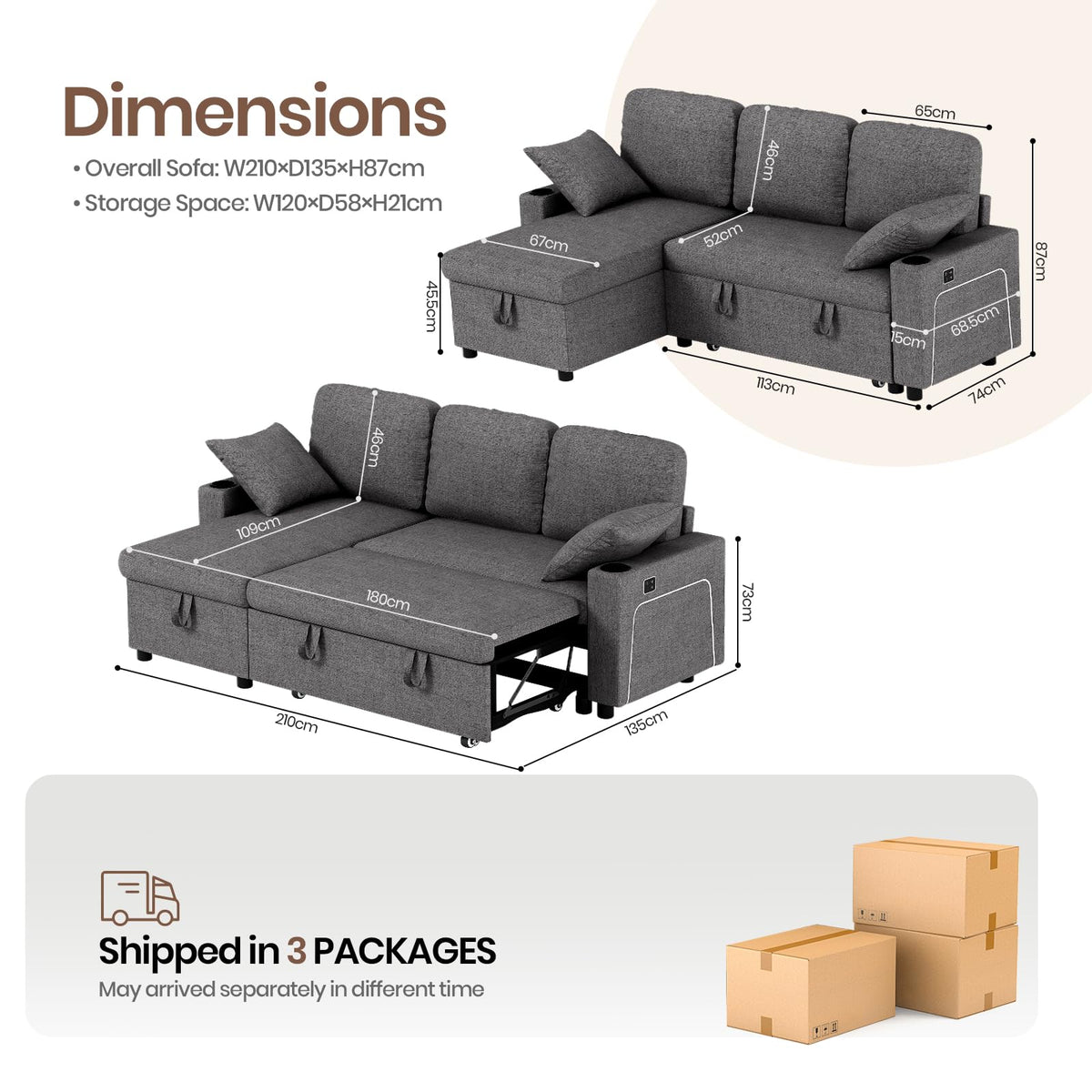L-Shaped 3-Seater Corner Sofa Bed with LED Lights, USB Charging, Storage and Cup Holders, Grey Linen