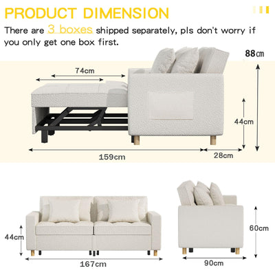 3-in-1 Convertible Sofa Bed with Dual Independent Adjustable Backrests and Castor Wheels, White Linen