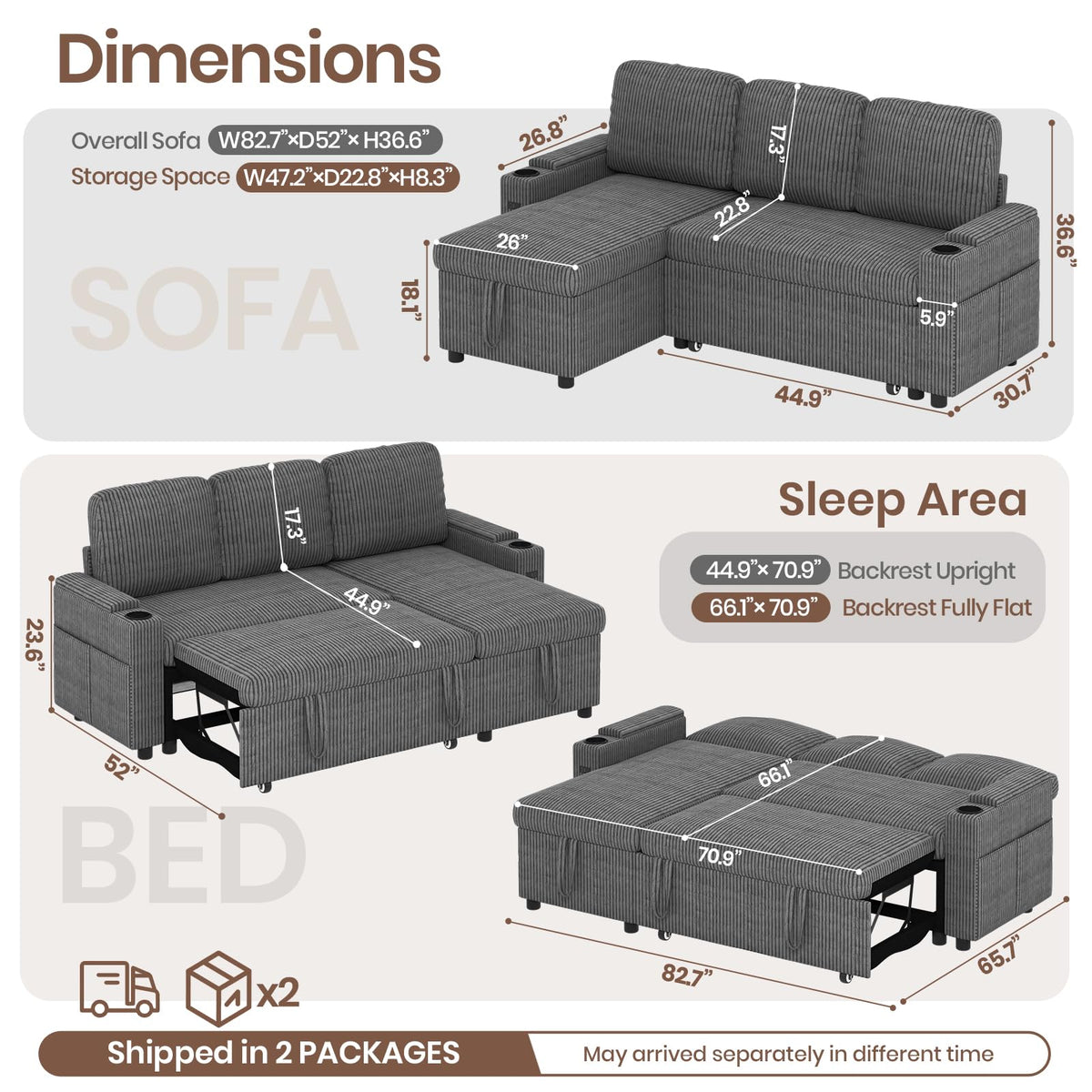 L-Shaped 3-in-1 Velvet Sofa Bed with 6-Position Adjustable Backrest, USB Charging and Storage, Grey