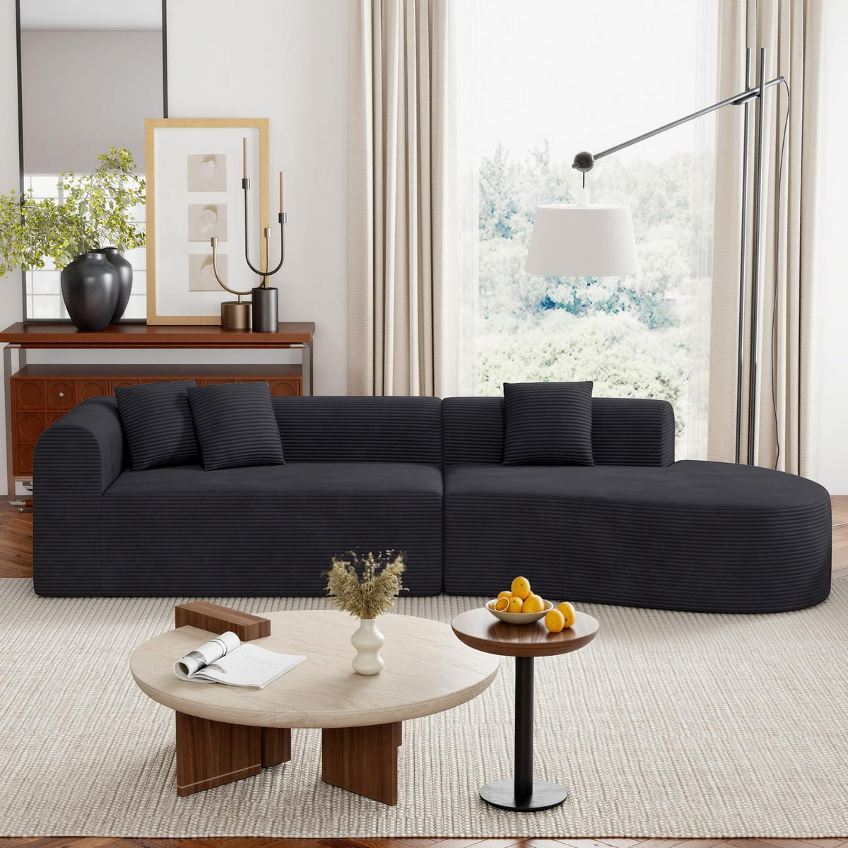 315cm Modular Boneless Corner Sofa in Black Corduroy with Memory Foam Cushions and No Assembly Required