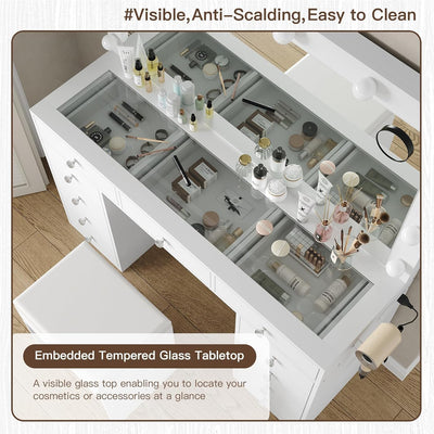 Makeup Vanity Desk with 12-Bulb LED Mirror, 11 Drawers, Built-In Power Outlet and Chair, White Glass Top