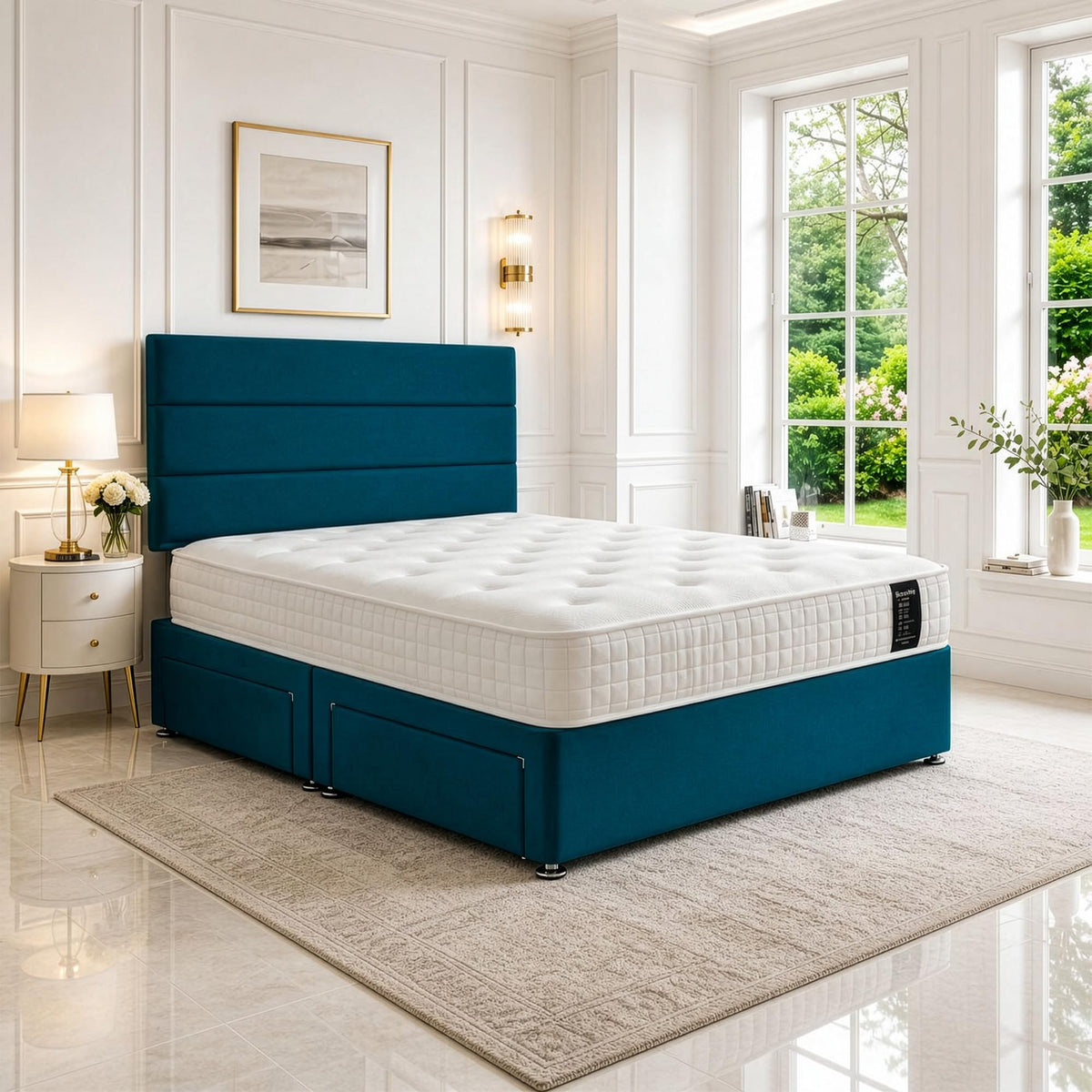5ft King Size Divan Bed Set with Orthopaedic Mattress, 2 Storage Drawers and 26-Inch Headboard, Jade