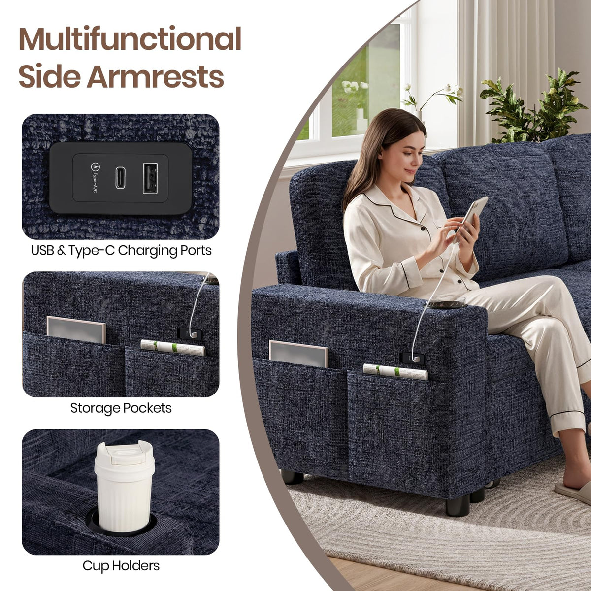 L-Shaped 3-Seater Corner Sofa Bed in Blue Chenille with USB Charging, Storage, Cup Holders and Cushions
