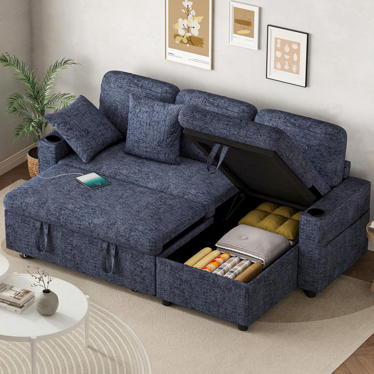 L-Shaped 3-Seater Corner Sofa Bed in Blue Chenille with USB Charging, Storage, Cup Holders and Cushions