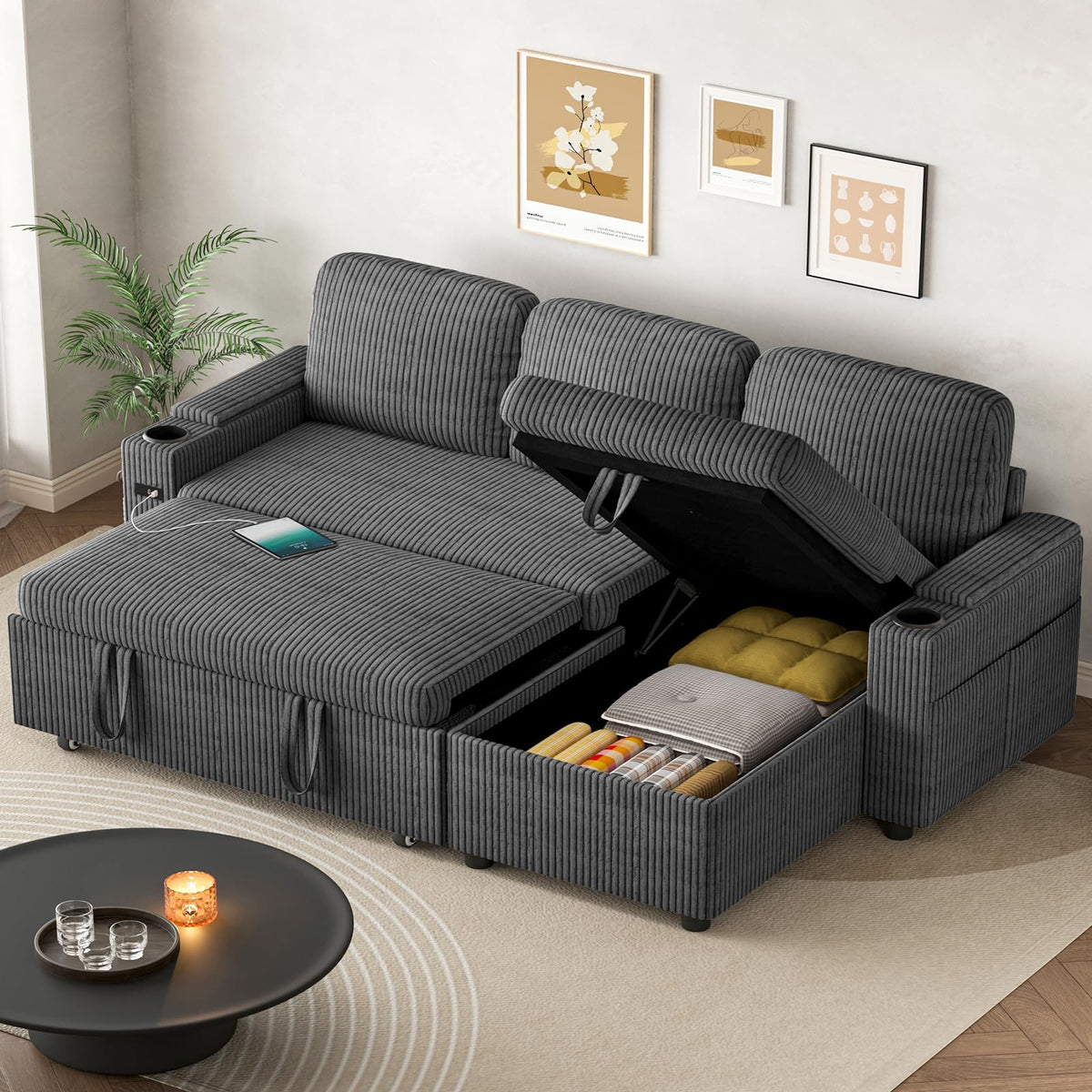 L-Shaped 3-in-1 Velvet Sofa Bed with 6-Position Adjustable Backrest, USB Charging and Storage, Grey