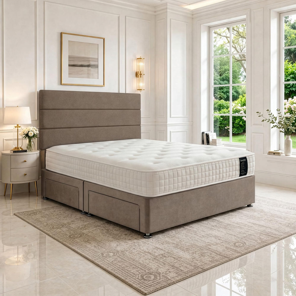 5ft King Size Divan Bed Set with Orthopaedic Mattress, 2 Storage Drawers and 26-Inch Headboard, Silver