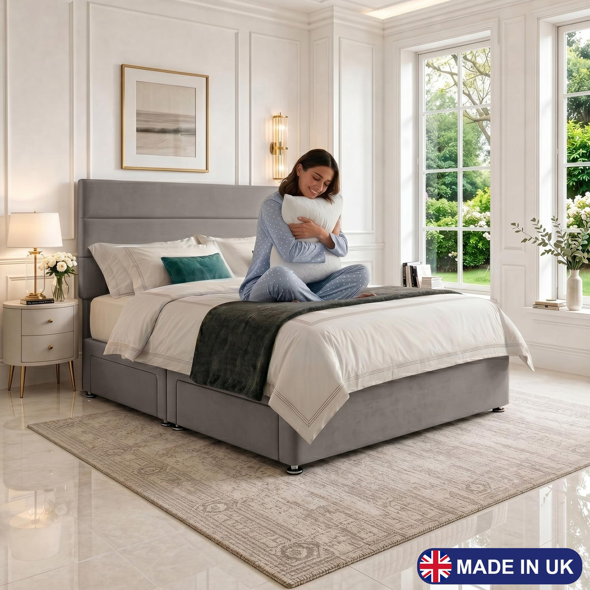 5ft King Size Divan Bed Set with Orthopaedic Mattress, 2 Storage Drawers and 26-Inch Headboard, Grey