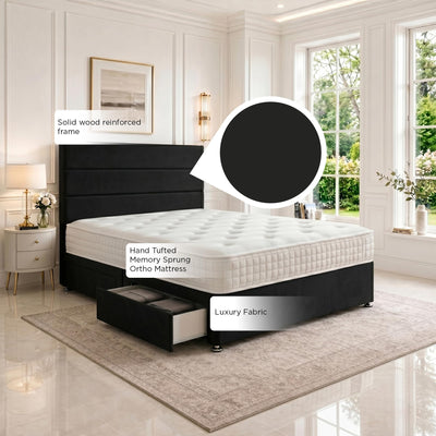 5ft King Size Divan Bed Set with Orthopaedic Mattress, 2 Storage Drawers and 26-Inch Headboard, Black