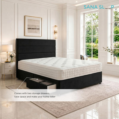5ft King Size Divan Bed Set with Orthopaedic Mattress, 2 Storage Drawers and 26-Inch Headboard, Black