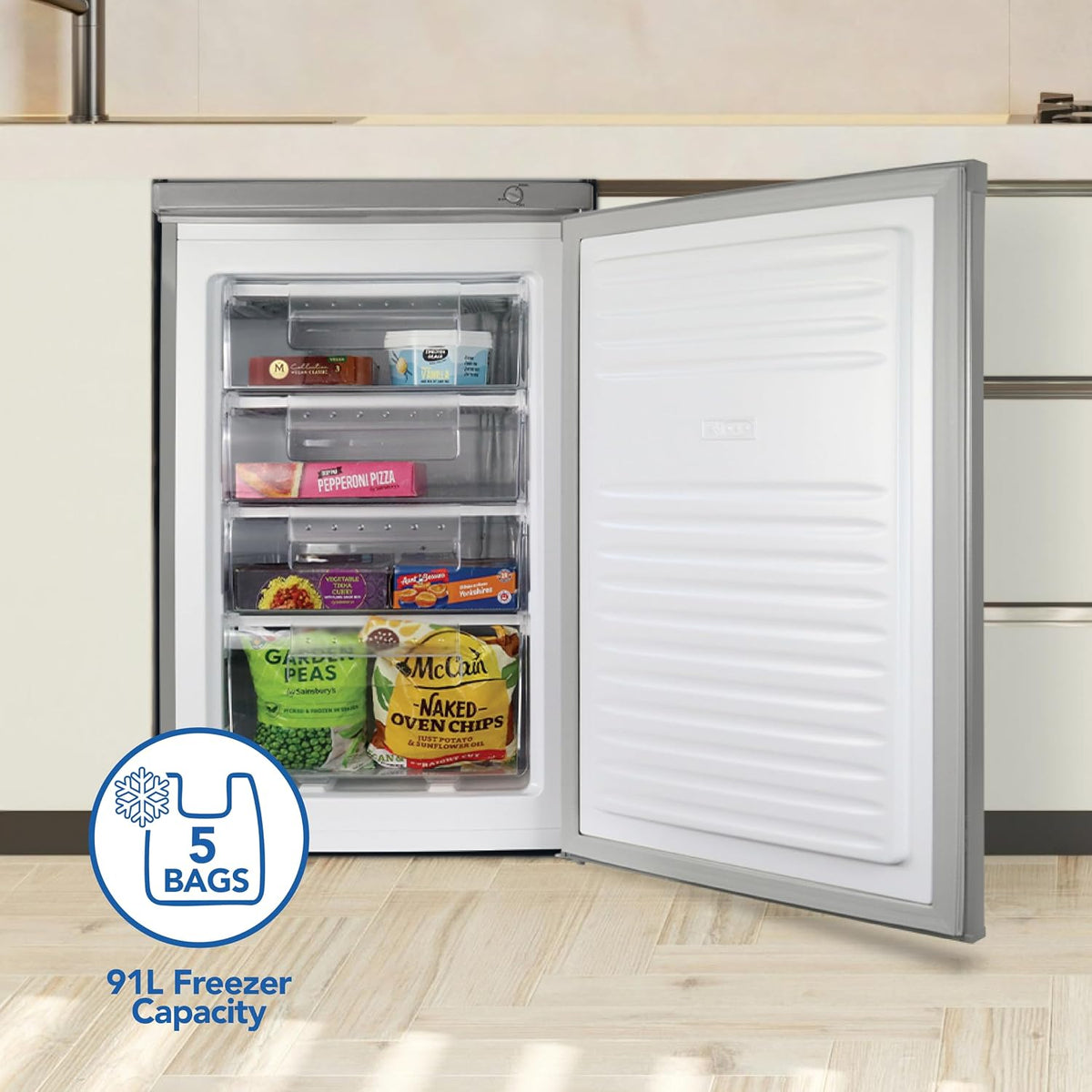 Freestanding Under Counter Freezer 91L Reversible Door Silver