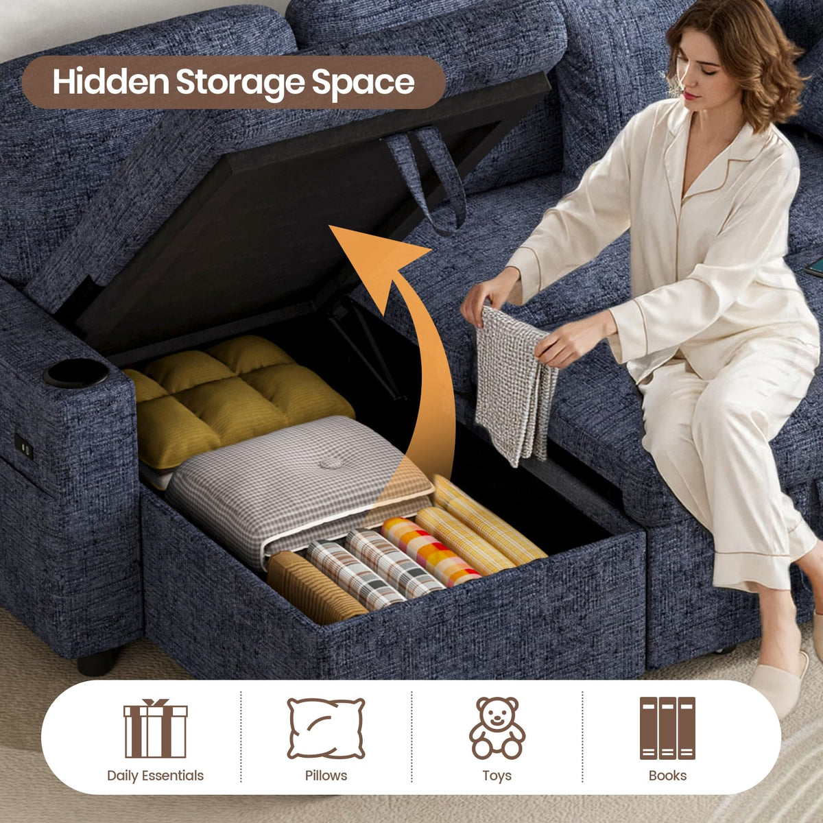 L-Shaped 3-Seater Corner Sofa Bed in Blue Chenille with USB Charging, Storage, Cup Holders and Cushions