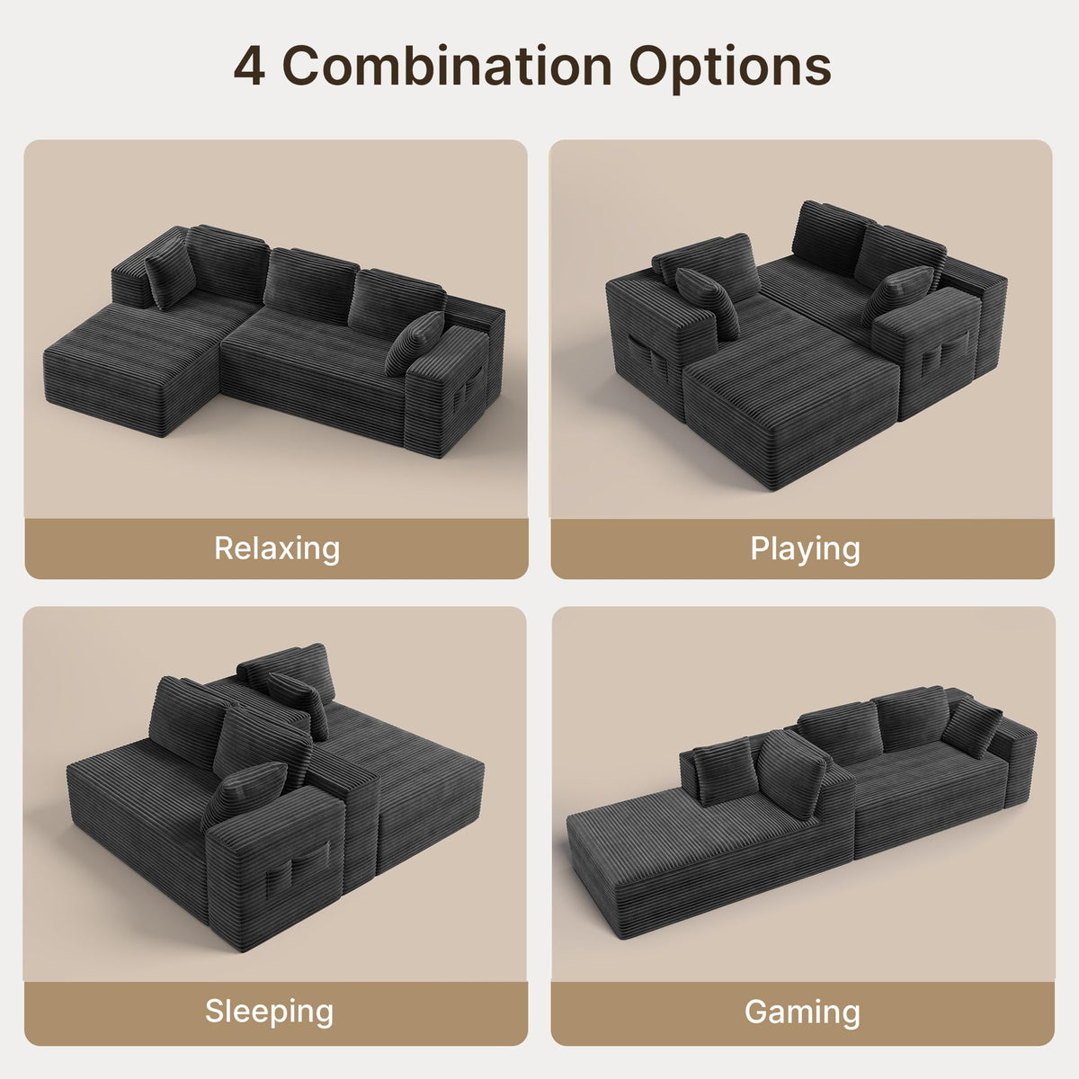 250cm Modular L-Shaped Corner Sofa in Dark Grey Corduroy with Built-In Storage and No Assembly Required