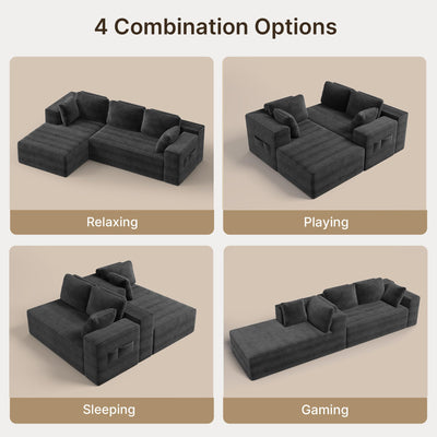 250cm Modular L-Shaped Corner Sofa in Dark Grey Corduroy with Built-In Storage and No Assembly Required