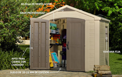 Plastic Garden Storage Shed 8 X 8 Ft Beige Double Doors Lockable
