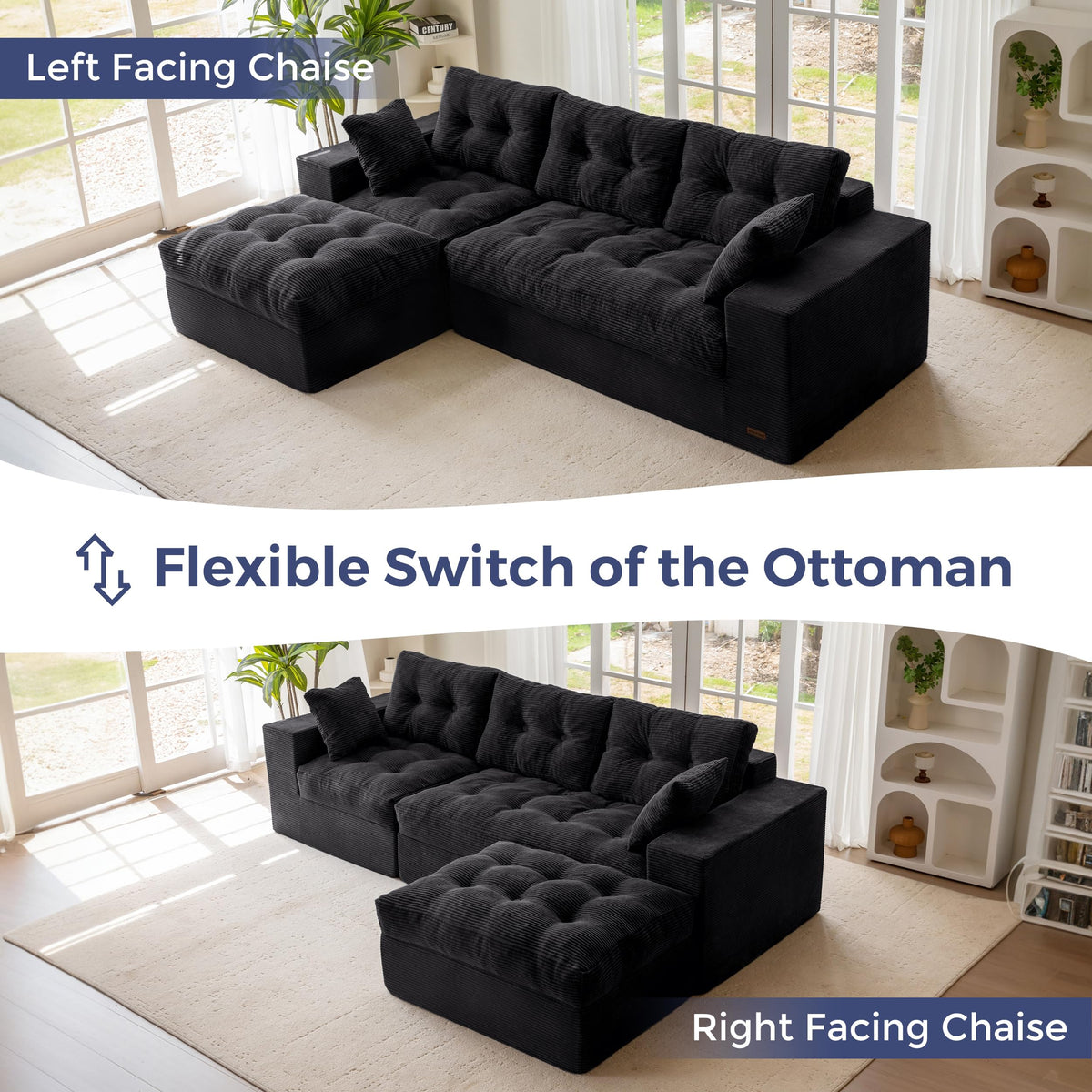 Modular 3-4 Seater L-Shaped Corner Sofa in Black Jumbo Corduroy with Removable Footstool, No Assembly