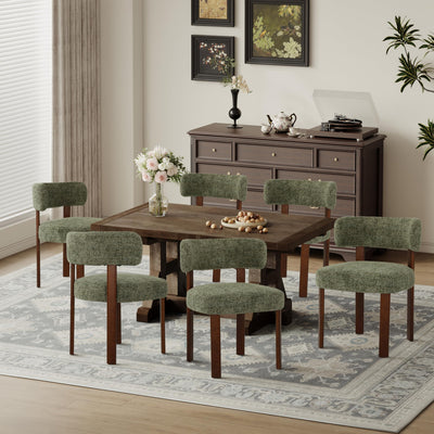 Set of 6 Upholstered Wood Dining Chairs with Curved Open Backrest and Thick Seat Cushion, Green Fabric